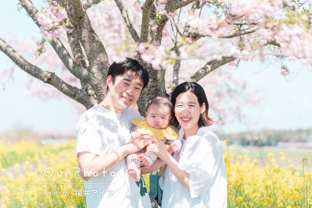 桜の木の下で笑顔の家族写真