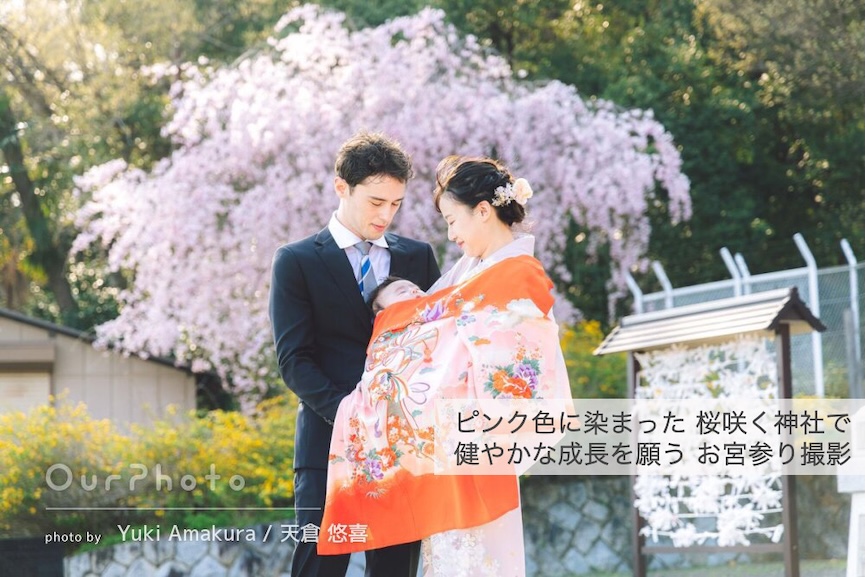 桜咲く神社で健やかな成長を願うお宮参り撮影