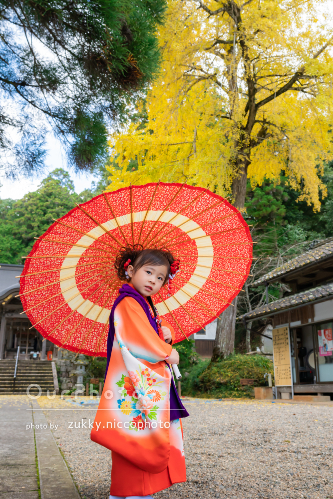 鮮やかでポップなオレンジ色の着物に身を包んだ娘さんの七五三の撮影 