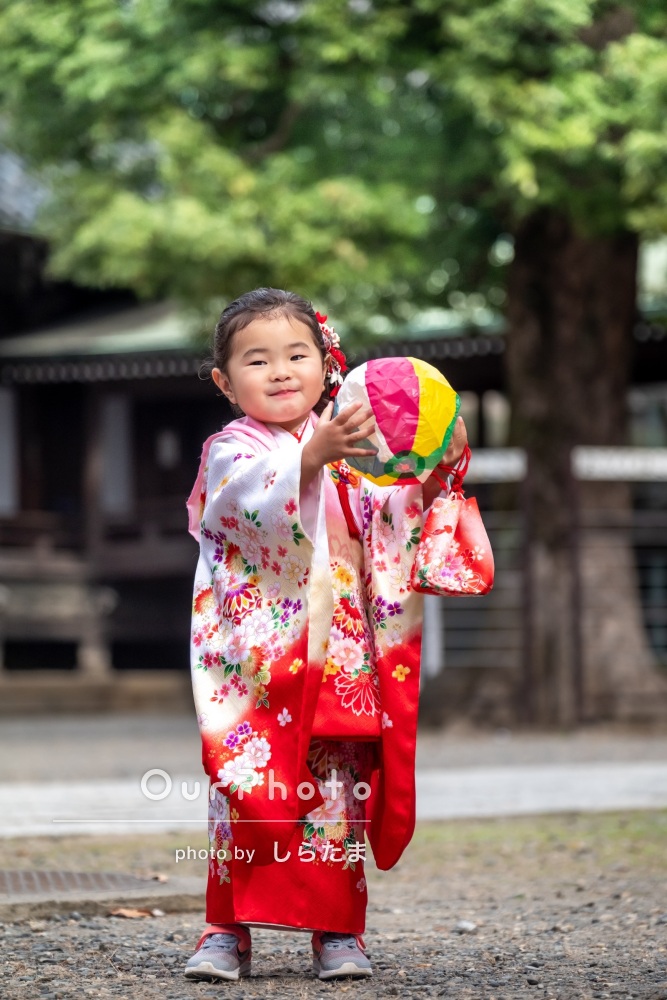 赤とピンクの着物で手毬や風車を嬉しそうに持つ女の子の七五三の撮影