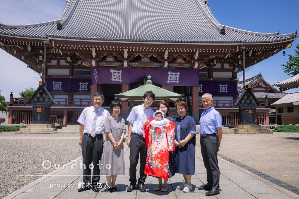 「終始和やかに子供も笑顔」祖父母も揃って楽しく！盛夏のお宮参りの撮影