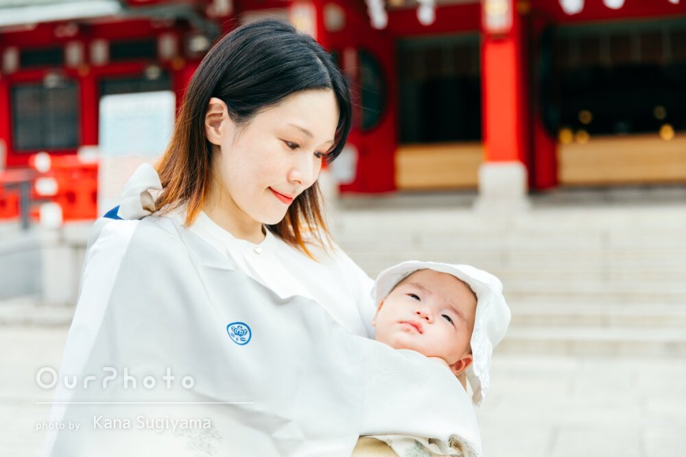 「よく撮れていた」神社で親子ツーショット！男の子のお宮参りの撮影