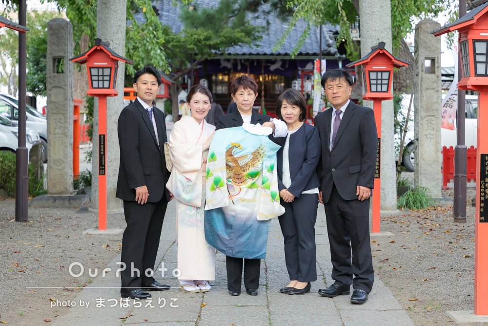 「とても良い記念」神社で祖父母も一緒に！和装で男の子のお宮参りの撮影