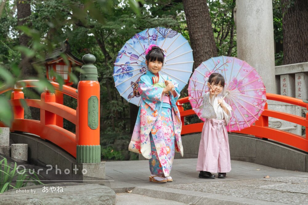 「子ども達がすぐに打ちとけて」淡い色彩のお祝い着が可愛い七五三の撮影