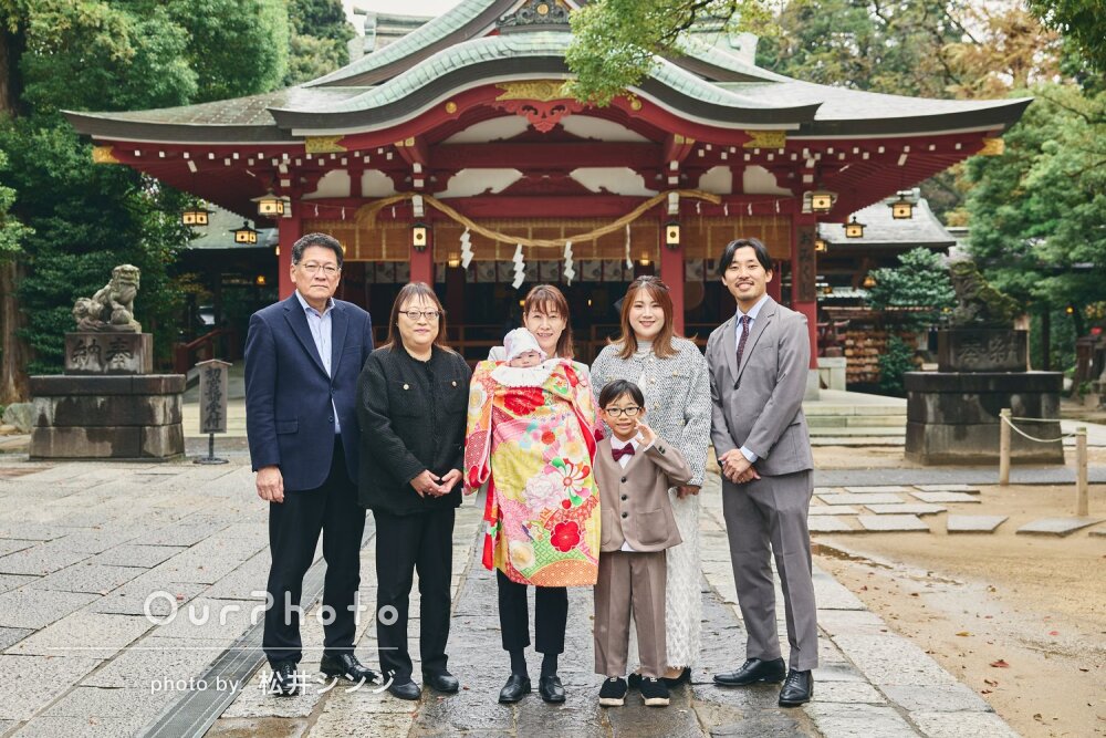 「今回もとてもいい写真」リピーター様！三世代で和やかなお宮参りの撮影