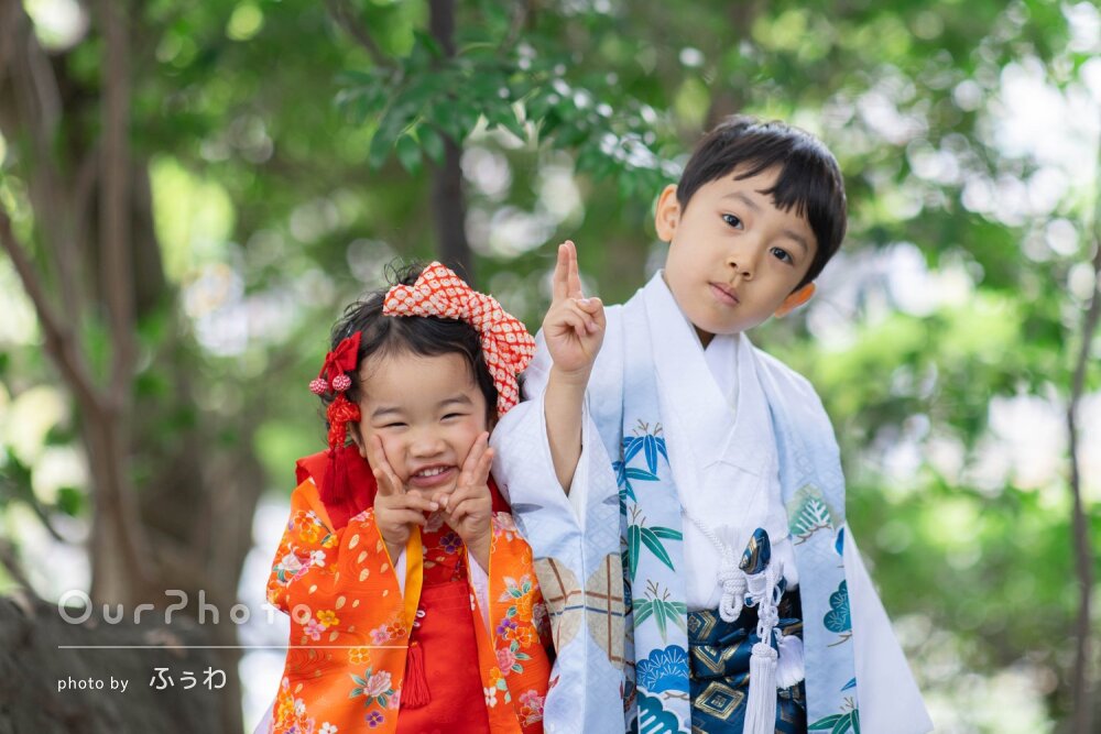 「子供の笑顔を優しく上手に引き出して」和装の兄妹！笑顔で七五三の撮影