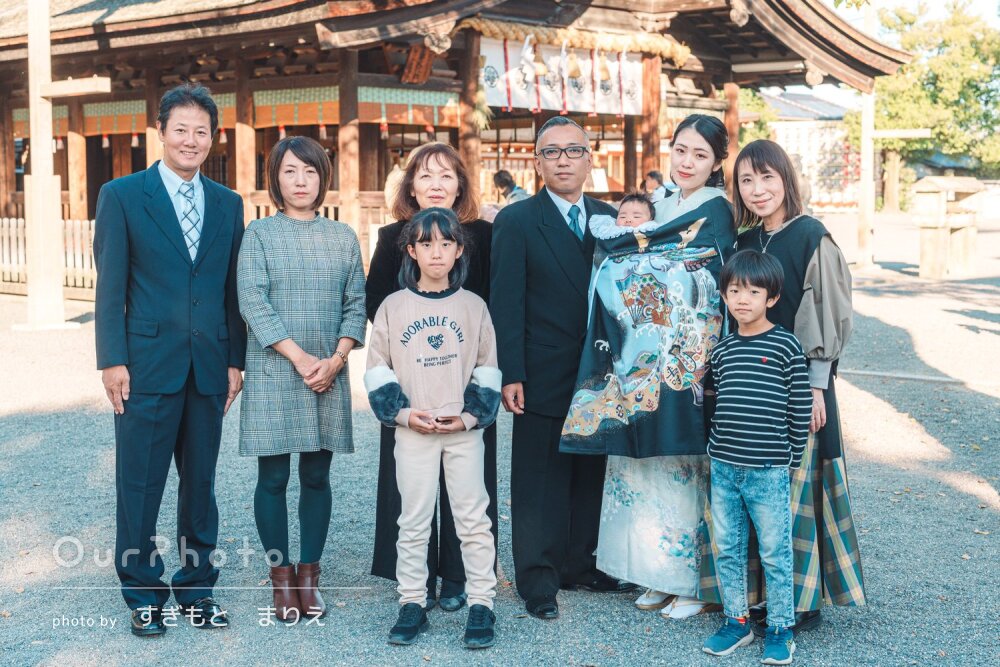 「みんな自然な表情」爽やかな和装！神社で男の子のお宮参りの撮影
