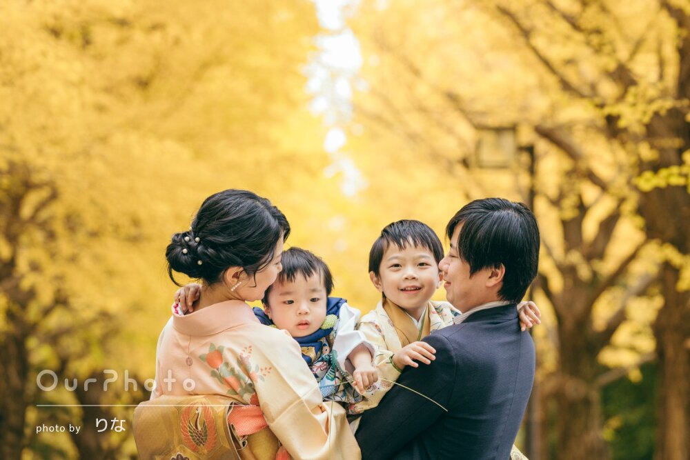 「素敵なお写真」美しい銀杏並木と和装の兄弟！笑顔いっぱい七五三の撮影