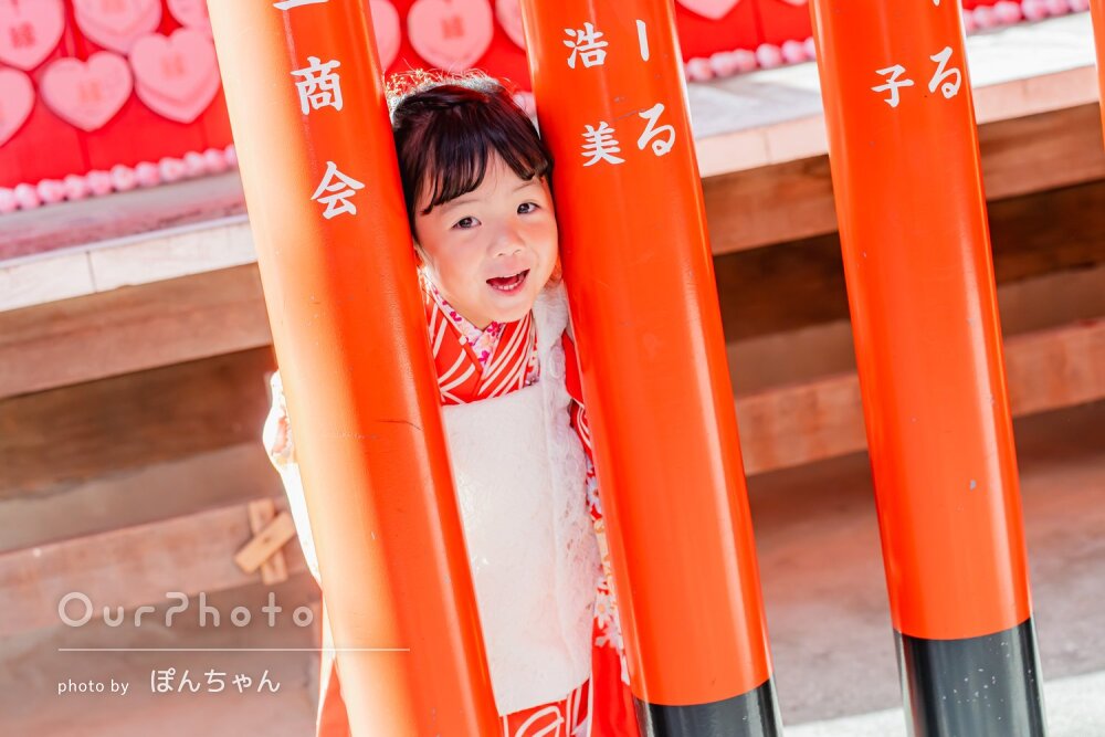 「自然体」リピーター様！神社で可愛い和装姿！3歳女の子の七五三撮影