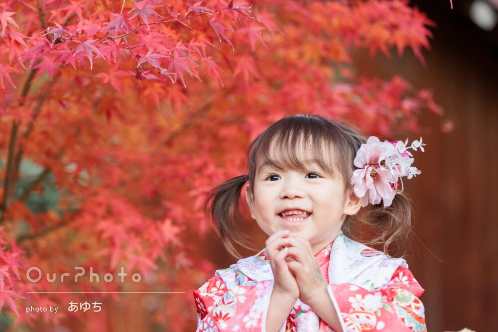 「何気ない自然な姿も」真っ赤な紅葉に映える和装姿！可愛い七五三の撮影