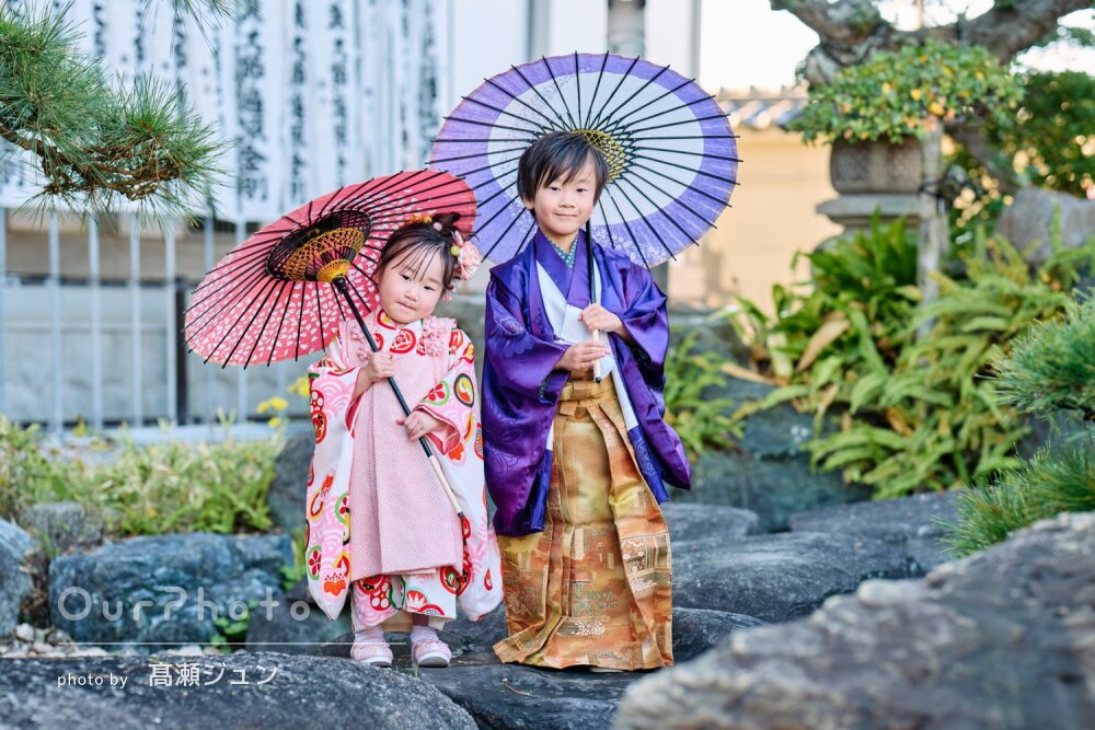 「明るく自然なレタッチ」美しい和装の兄妹！表情豊かな七五三の撮影
