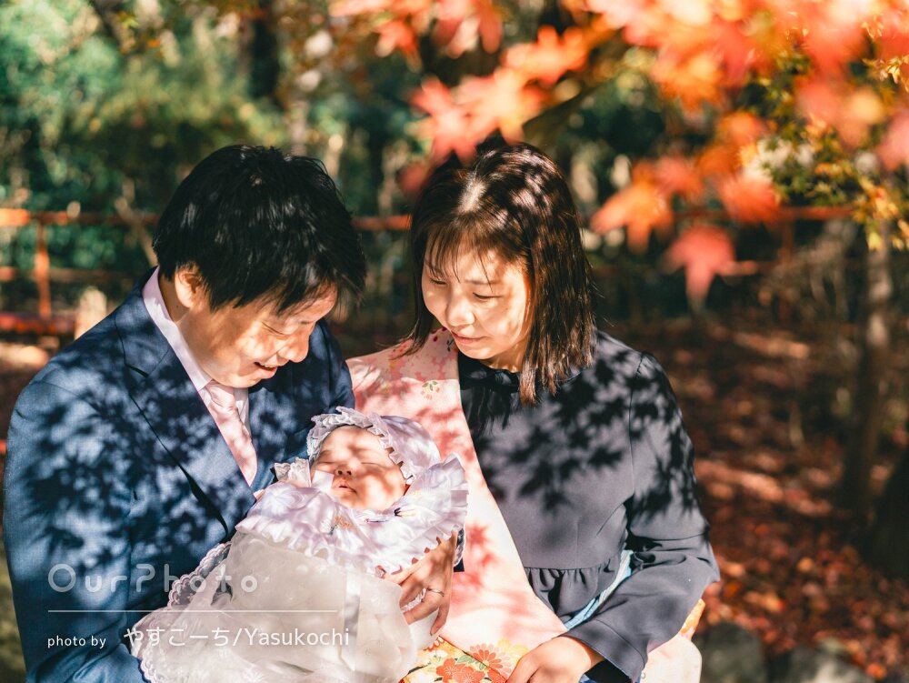 「とても良い距離感で撮って」美しい紅葉の神社で女の子のお宮参りの撮影