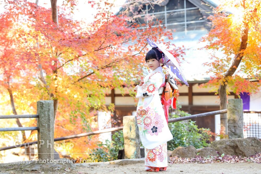 美しい紅葉を背景におすまし顔も笑顔も可愛い！7歳の和装での七五三撮影