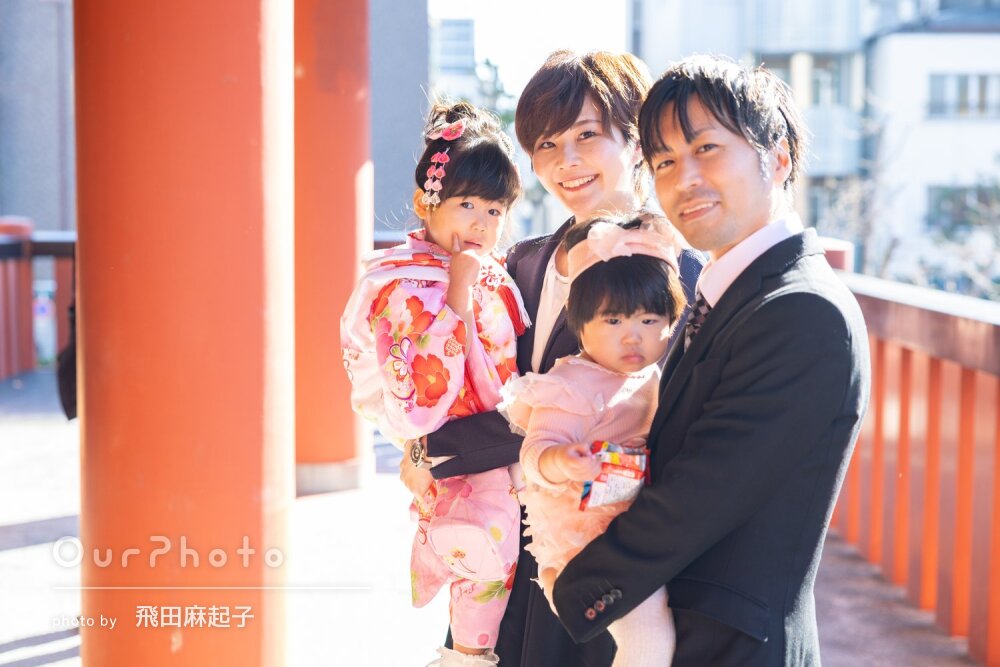 「子供達が笑顔なるように」ピンクの被布姿が可愛い！女の子七五三の撮影