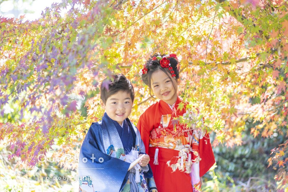 「緊張しがちな子供達を盛り上げて」色鮮やかで美しい！姉弟の七五三撮影