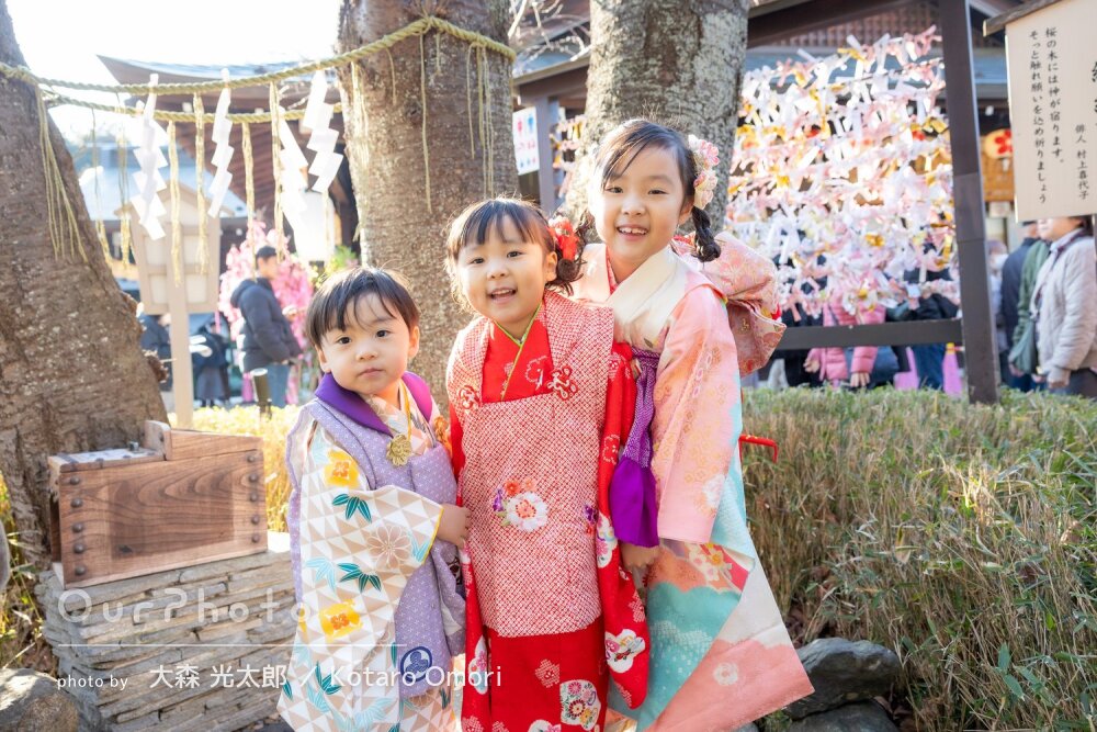 「どのお写真も目がキラキラ」神社で華やかな和装の三姉弟の七五三の撮影