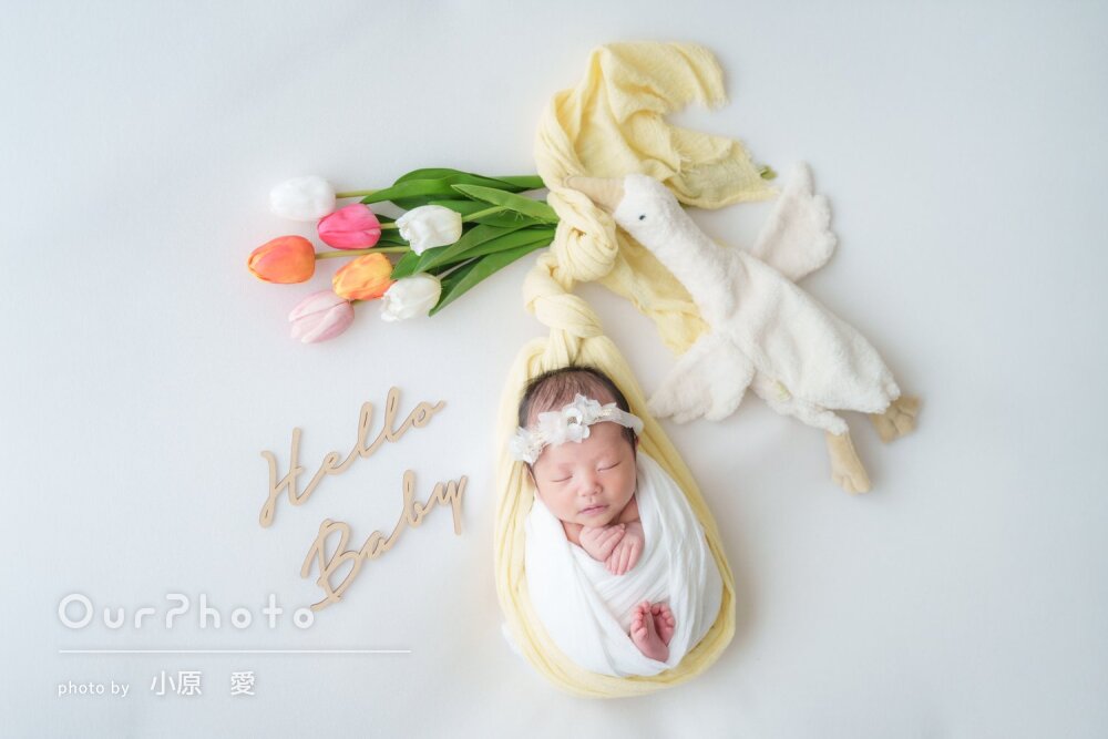 「素敵なお写真」ご自宅で可愛い色合いの小物とニューボーンフォトの撮影