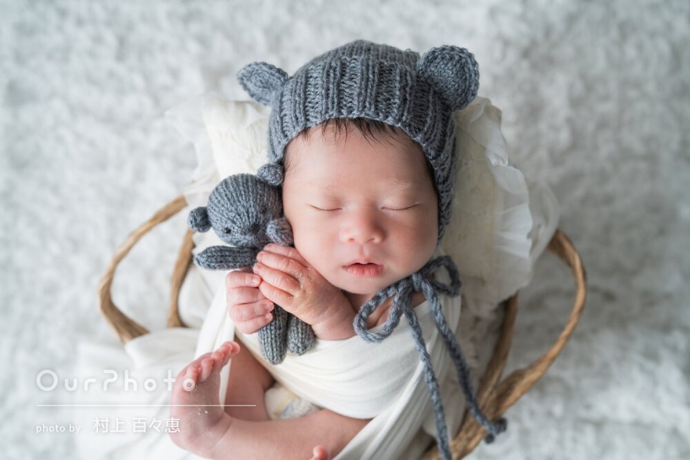 「大満足です」くまさんのニット帽が可愛い！ニューボーンフォトの撮影