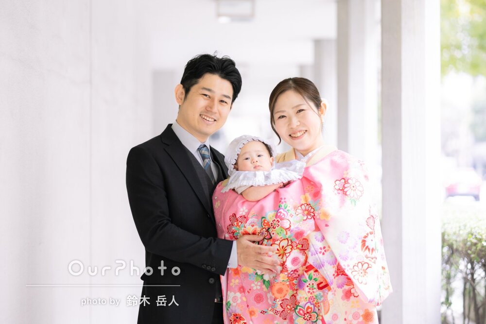 「明るく綺麗な色合い」和装で幸せいっぱいの笑顔！神社でお宮参りの撮影