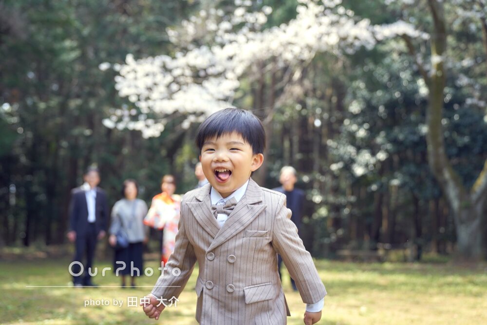 「さすがプロだなぁ」桜と一緒に三世代で七五三とお宮参りの撮影