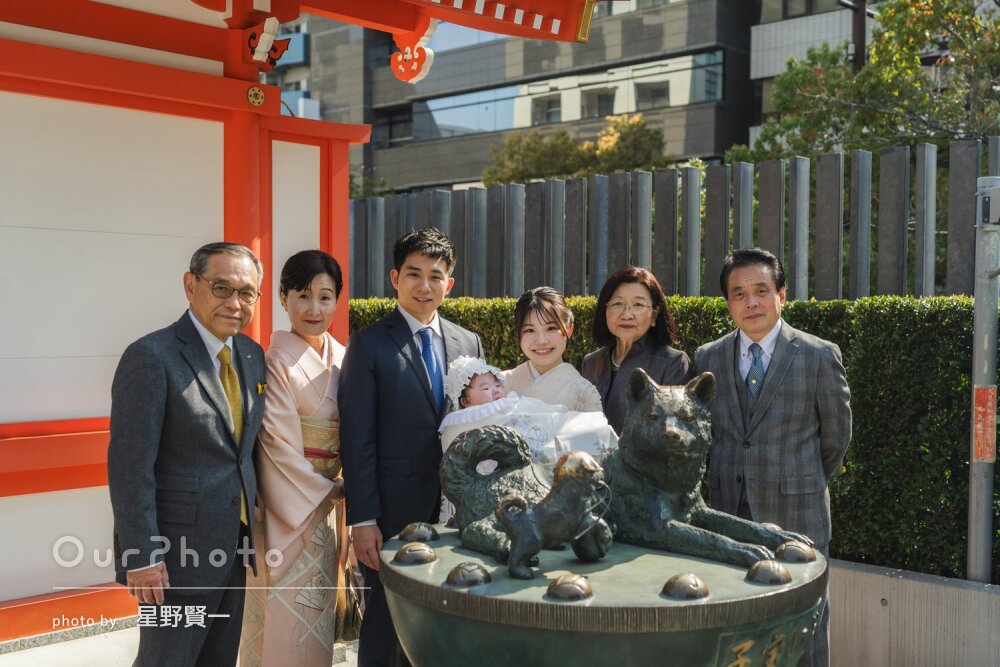 「桜の季節にみんなで綺麗に撮影でき」和装で笑顔のお宮参りの撮影