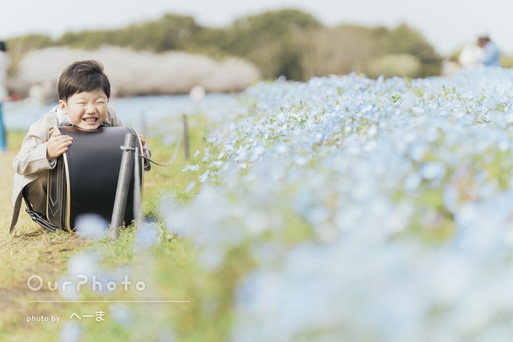 「とてもパワフルに動きながら」ネモフィラ畑で笑顔の入学記念写真の撮影
