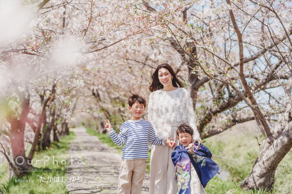 「子供達の気分を盛り上げて」桜並木に青の晴れ着姿が輝く七五三の撮影