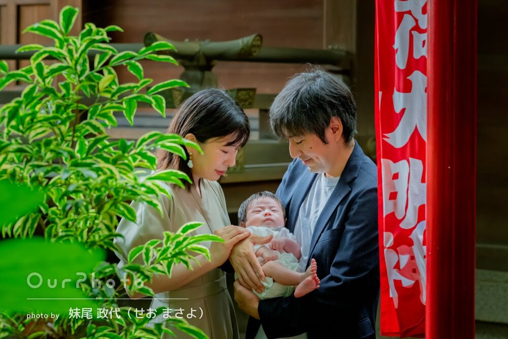 「様々なパターンを撮影」神社で祖父母も一緒に！笑顔のお宮参りの撮影
