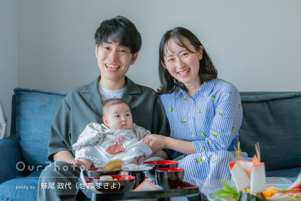 「明るい雰囲気でたくさんの写真」自宅でお食い初めと100日祝いの撮影