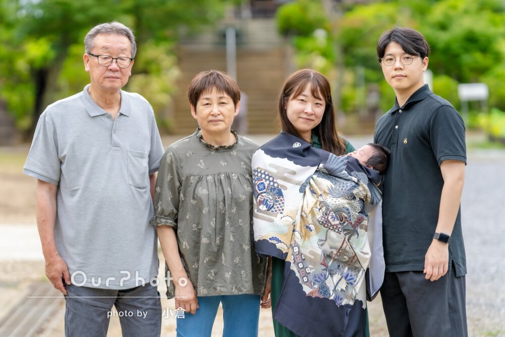 「終始和やかな雰囲気」紫陽花咲くお寺にて三世代で温かなお宮参りの撮影