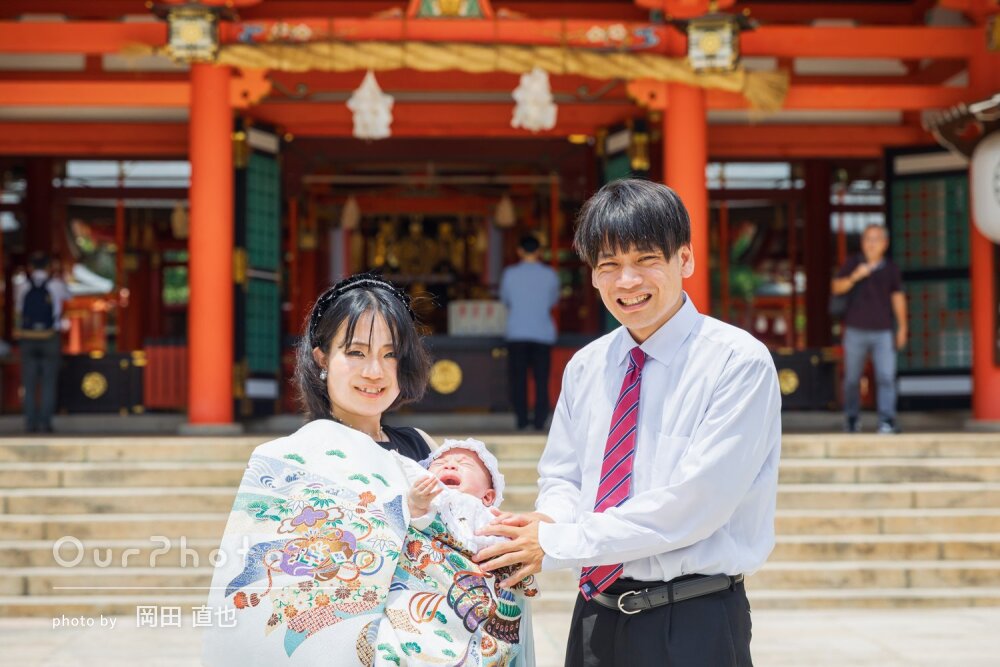 「いいお写真で感動」緑豊かな神社で夏のお宮参りと百日祝いの撮影
