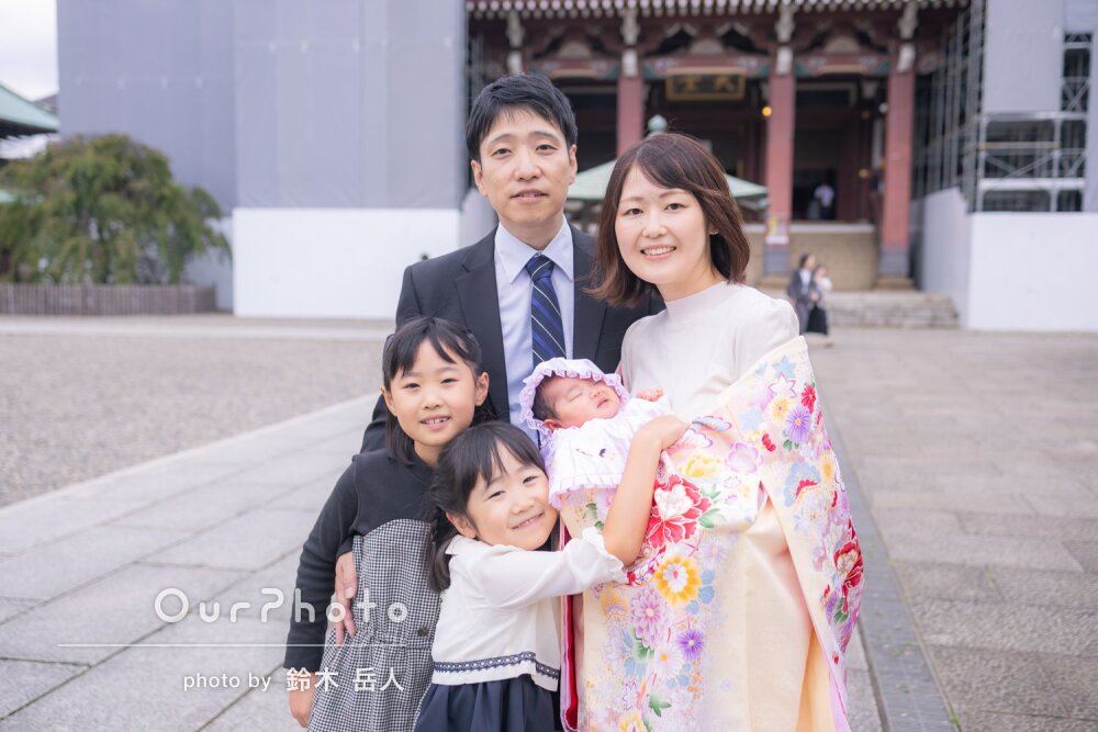 「家族みなリラックス」幸せな笑顔が温かい！三姉妹のお宮参りの撮影