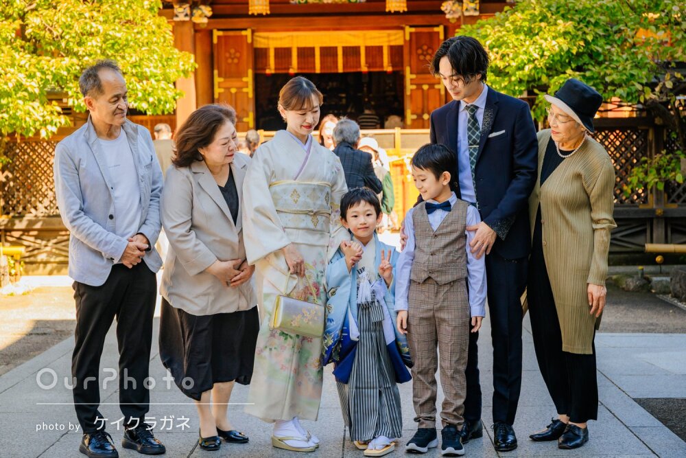「明るく綺麗な笑顔あふれる素敵な写真」三世代揃って5歳の七五三の撮影