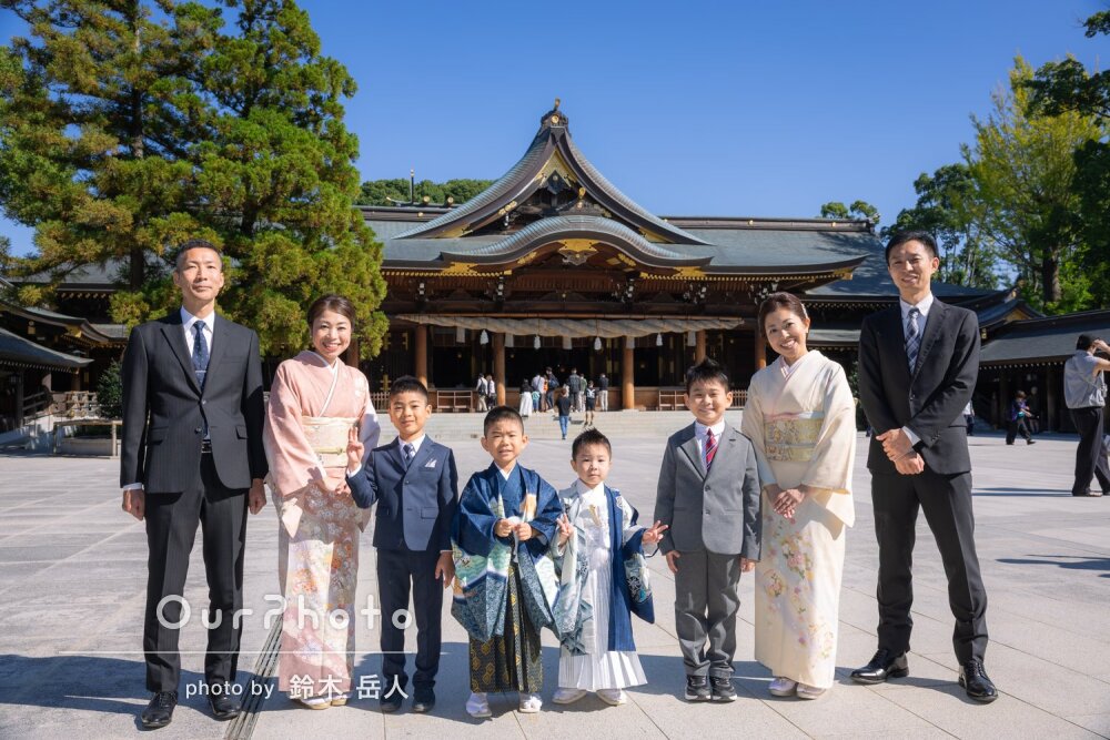「最後までみんな笑顔で」二家族一緒に思い出に残る男の子の七五三の撮影